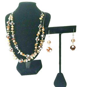 Double strand unique necklace and earring set brown beads with polka dots